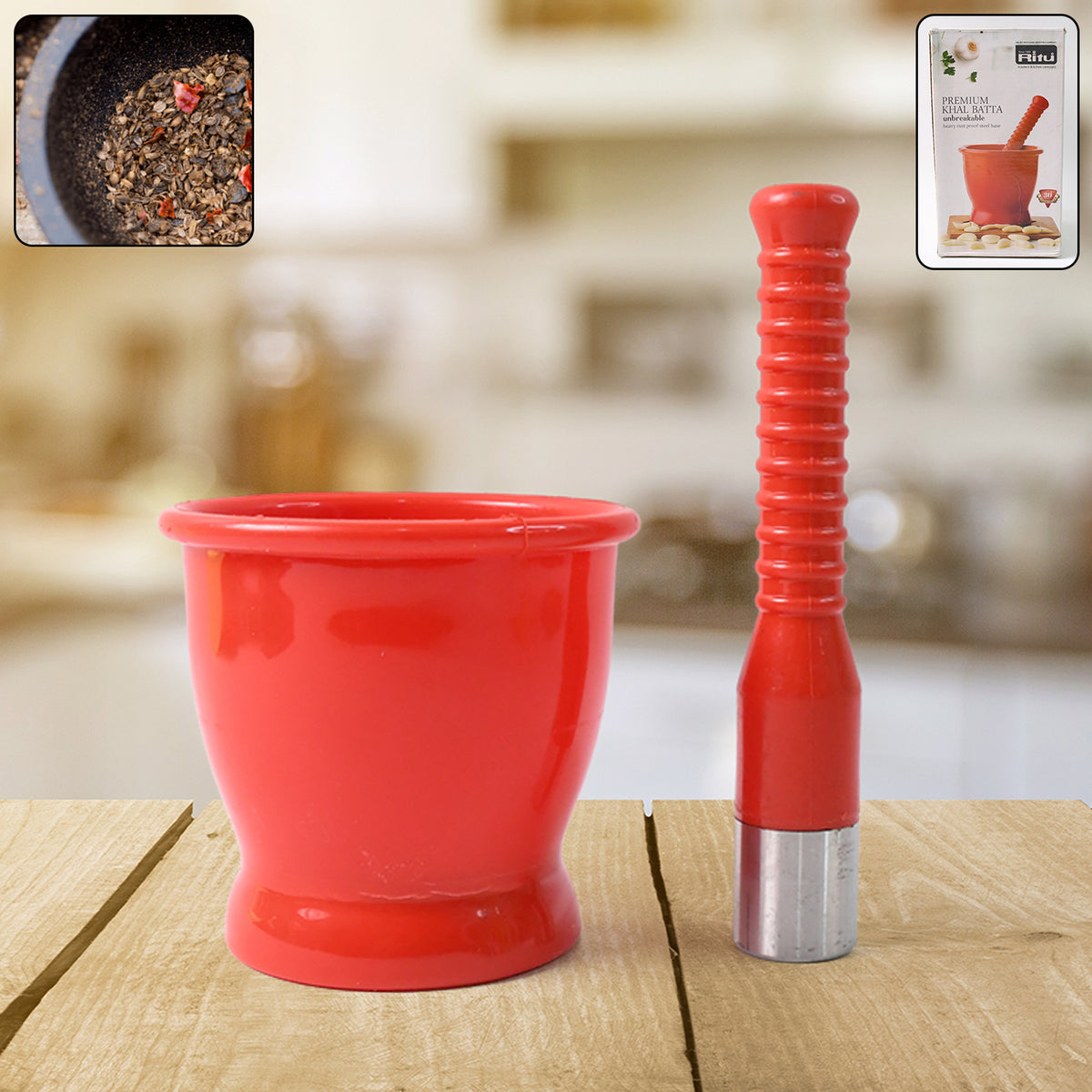 Heavy Duty Plastic Khal Batta Set with Stainless Steel Base for Spices, Herbs and Masala Grinding