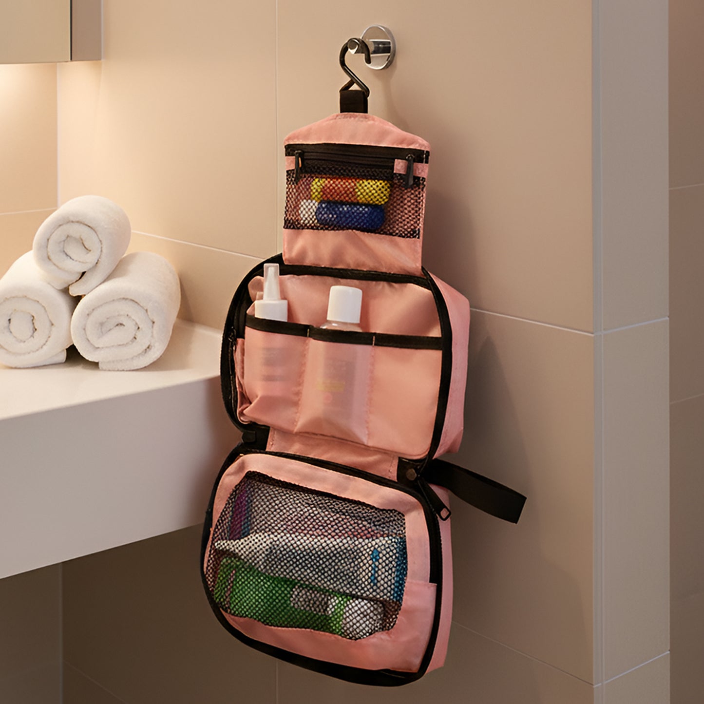 Premium Travel Mate Hanging Toiletry Bag Organizer – Waterproof Foldable Multi-Layer Travel Pouch with Hook for Makeup, Toiletries, Shaving Kit & Personal Essentials (1 Pc)
