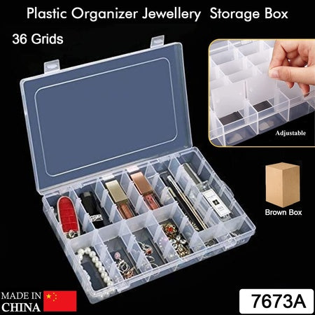 36 Grids Clear Plastic Organizer Jewelry Storage Box with Adjustable Dividers, Transparent Multipurpose Storage Box (1 Pc)