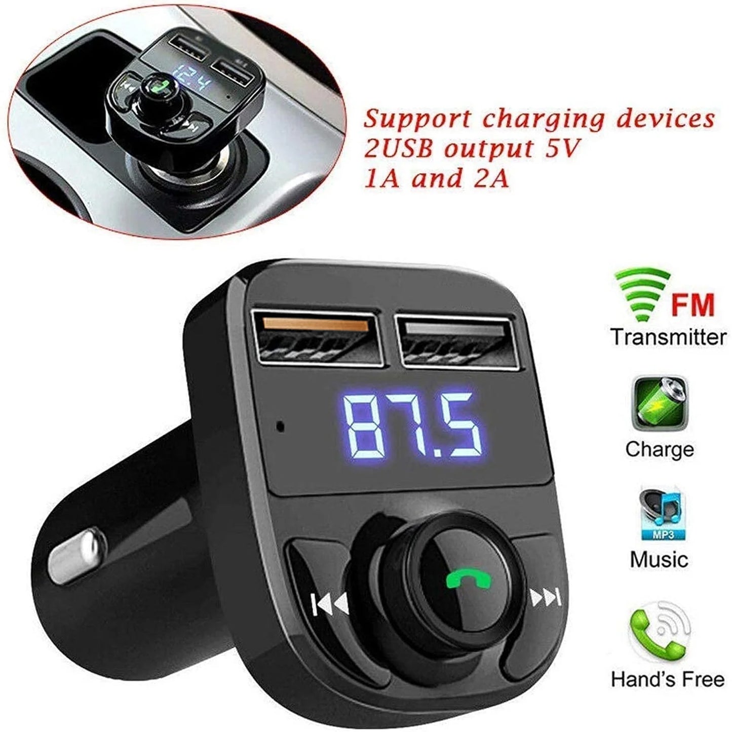 Wireless Car FM Transmitter with Dual USB Fast Charging Bluetooth Handsfree Calling Music Player LED Display and Control Knob (1 Pc)