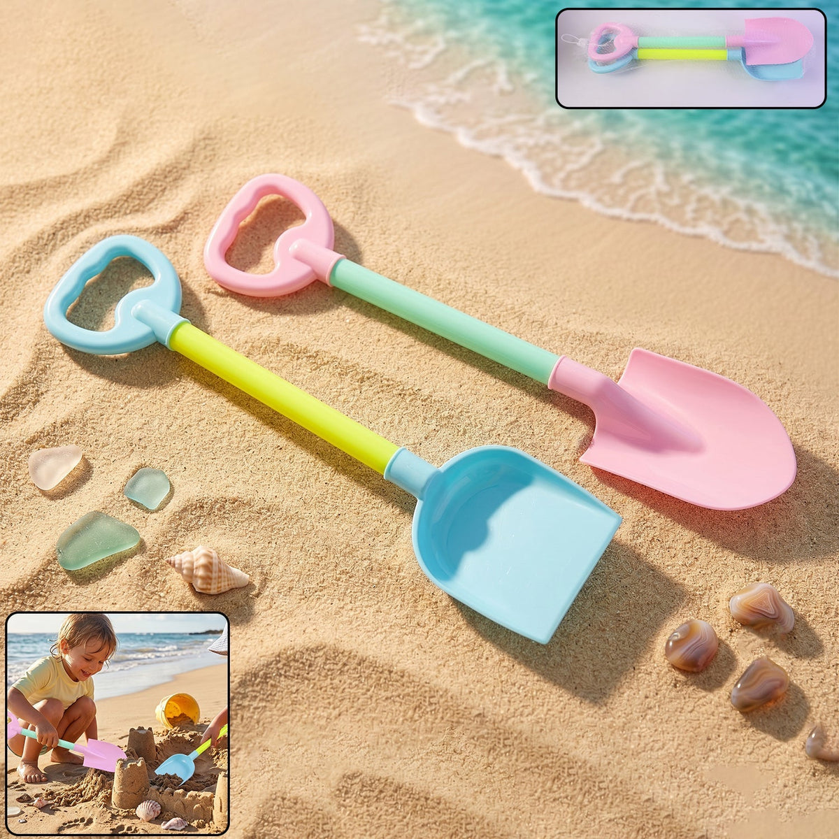 Kids Beach Sand Shovel Toy Set of 2 | Colourful Plastic Digging Shovel and Scoop for Beach, Garden and Outdoor Play
