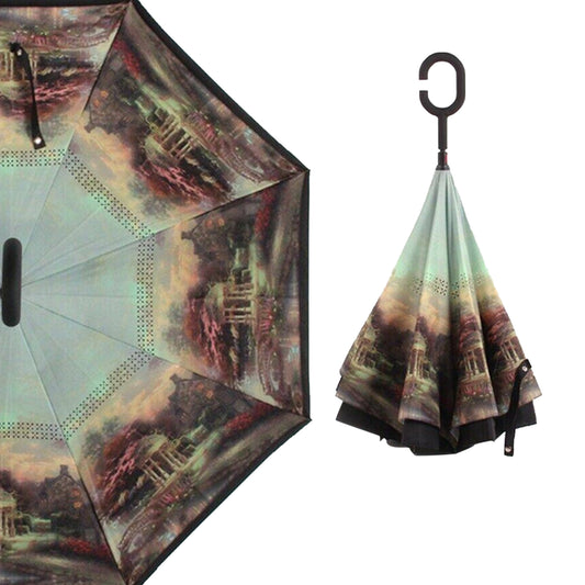 Printed Reverse Travel Umbrella | Windproof Automatic Open & Close Compact Folding Umbrella