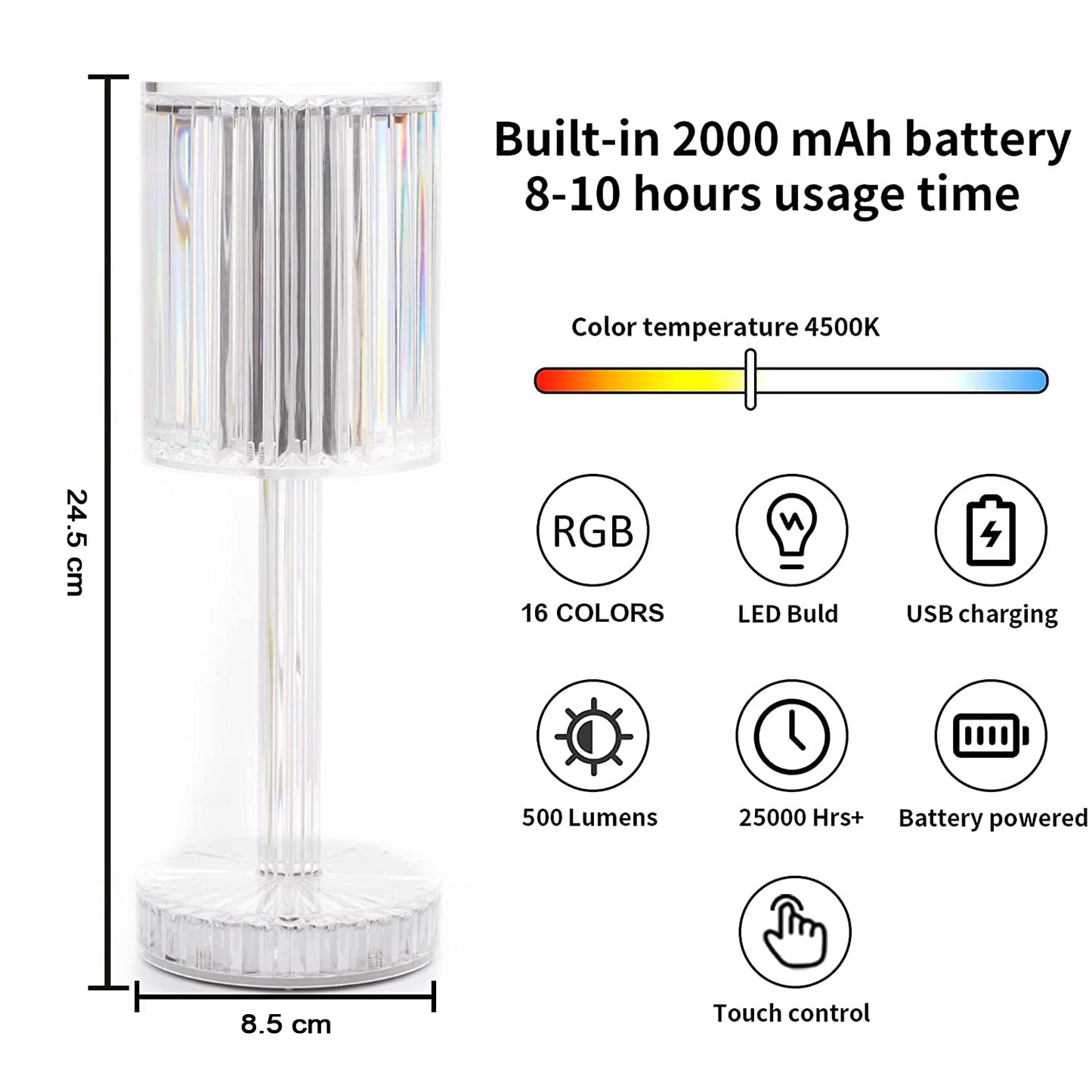 Crystal Table Lamp with Touch Control and USB Charging – Rechargeable RGB LED Atmosphere Nightstand Lamp for Bedroom, Living Room and Home Decor