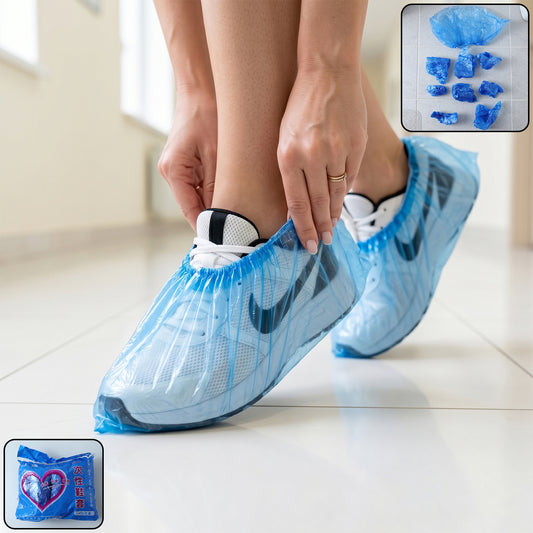 Disposable Plastic Shoe Cover Set with Elastic Fit – Waterproof Anti-Slip Protective Foot Covers for Indoor, Outdoor and Hygiene Use (100 Pc)