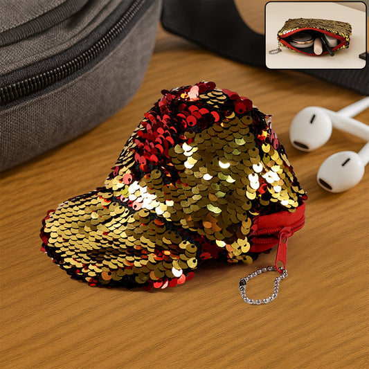 Stylish Sequin Mini Cap-Shaped Coin Purse – Glitter Pouch with Zipper & Keychain (1 Pc)