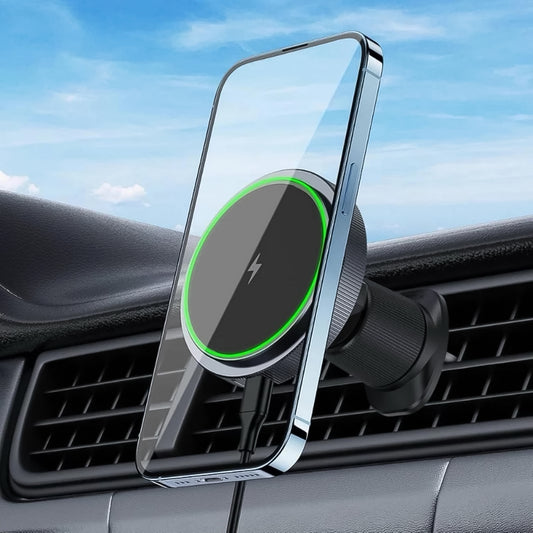 Magnetic Phone Mount Wireless Charger for Car with Music Reactive LED Lights 360 Degree Rotating Air Vent Dashboard Mobile Holder Fast Wireless Charging (1 Set)