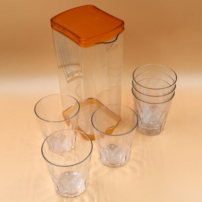 Premium Multi Purpose Square Water and Juice Jug Set 2000ML with 6 Glasses 300ML Each Transparent BPA Free Leak Proof Freezer Safe Unbreakable Jug for Fridge Dining Table