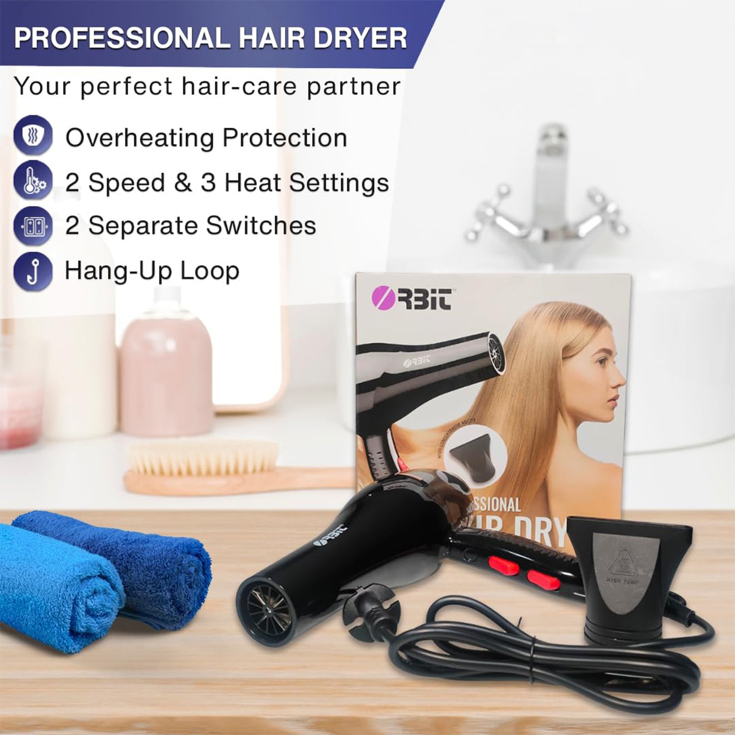 Orbit Professional Electric Hair Dryer with Concentrator Nozzle Hot and Cold Air Hair Dryer for Fast Drying, Hair Styling, Salon and Home Use