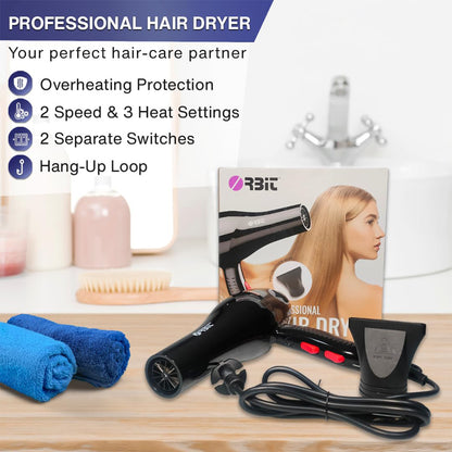 Orbit Professional Electric Hair Dryer with Concentrator Nozzle Hot and Cold Air Hair Dryer for Fast Drying, Hair Styling, Salon and Home Use