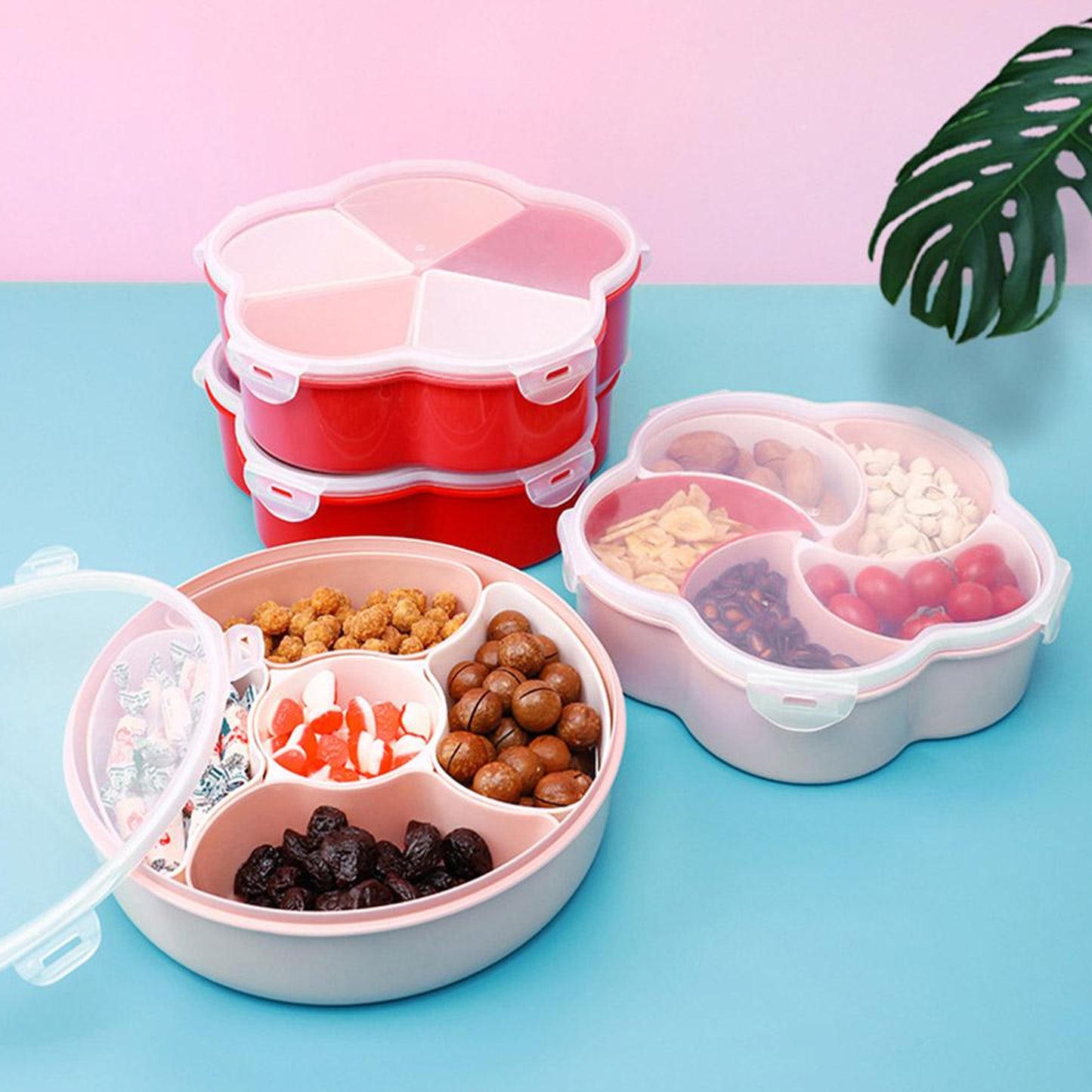 5 Compartment Party Food Storage Snack Box with Lid – Multipurpose Dry Fruit, Nuts, Candy, Fruit and Spice Storage Container for Kitchen and Dining (1 Pc)