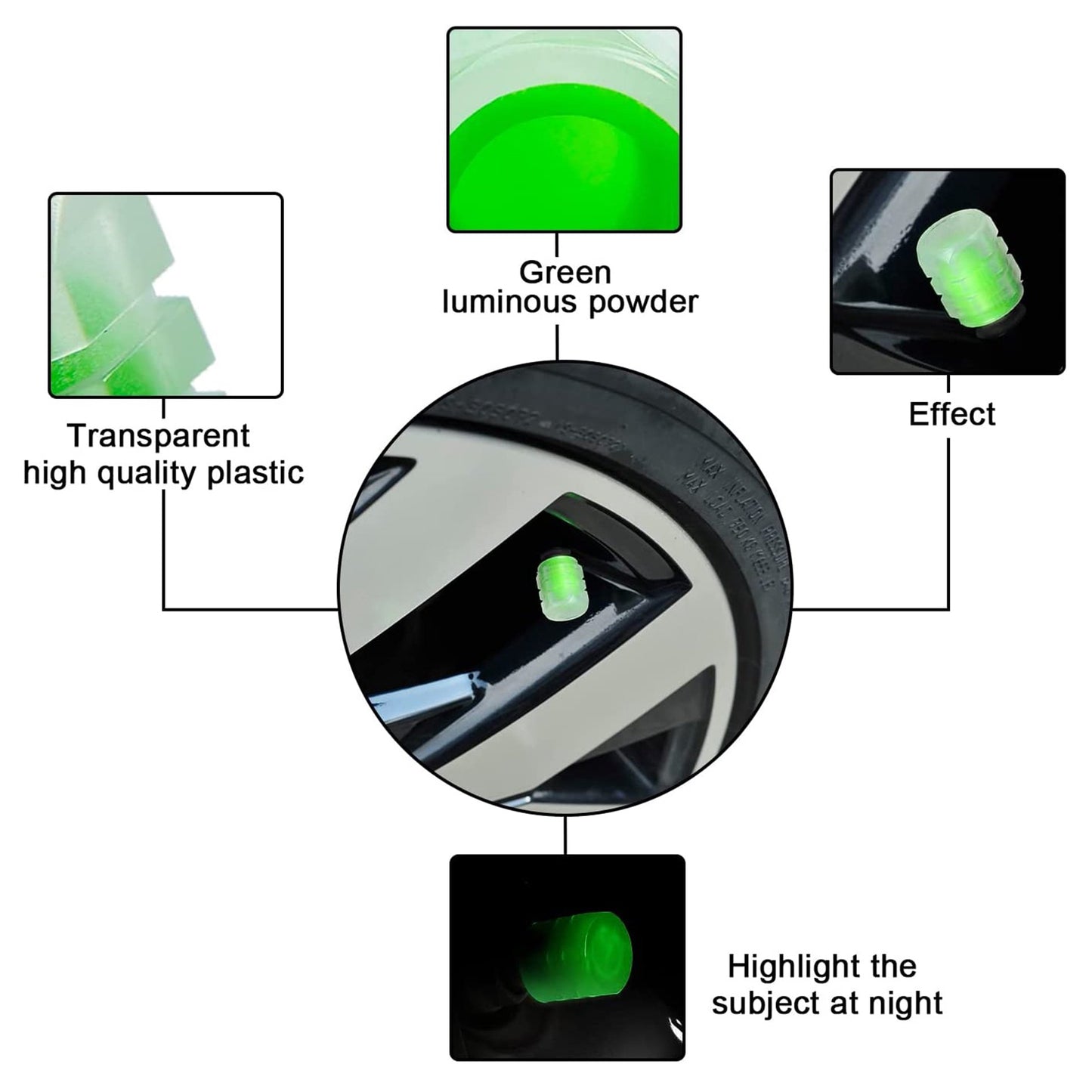 Tyre Valve Caps Luminous Glow Car Tire Air Stem Valve Cap Covers vaal cap ( 4 Pcs Mix Colour)