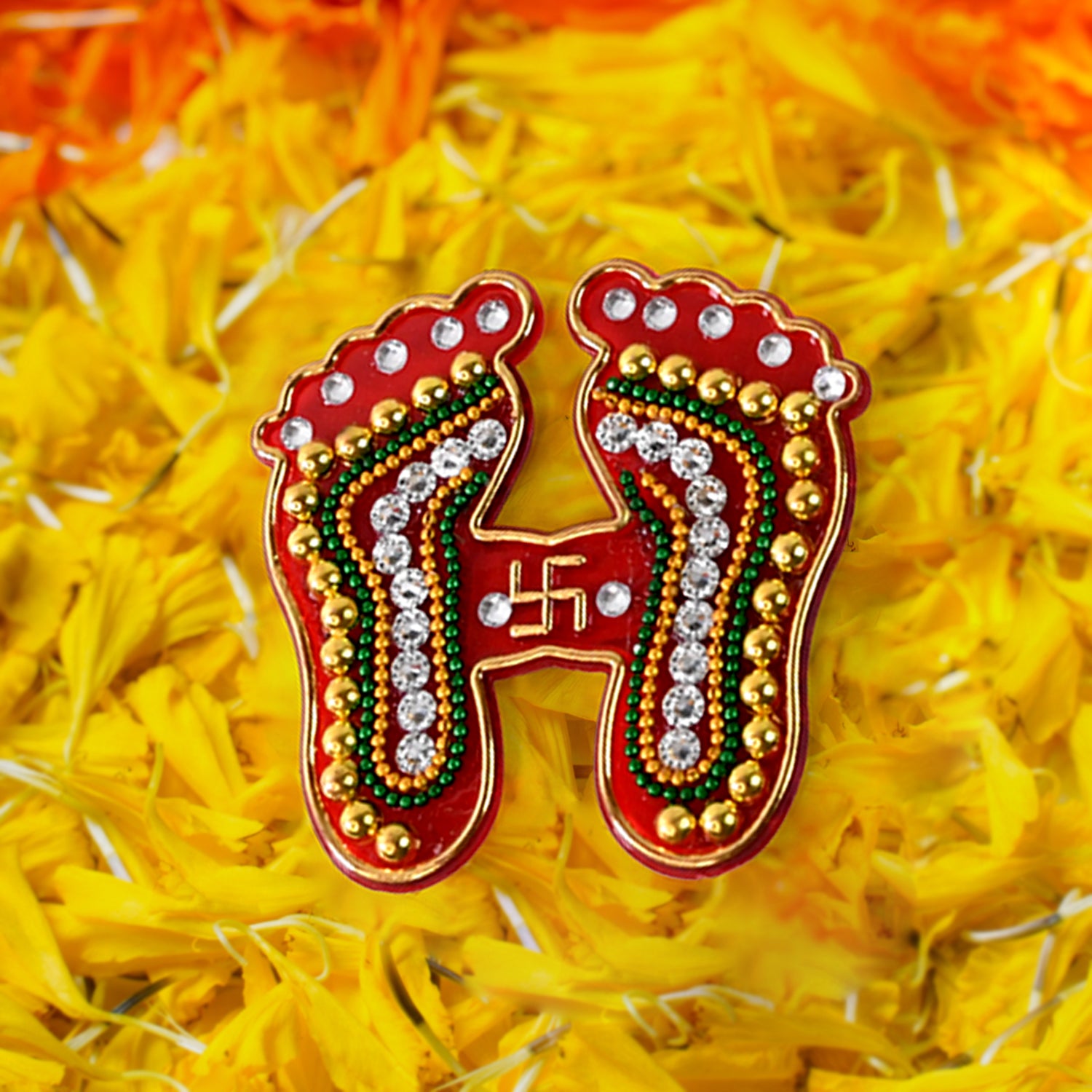 Decorative Lakshmi Charan Paduka Sticker Set with Bead and Stone Work for Diwali, Pooja, Home, Temple, Floor and Wall Decoration Pack of 2