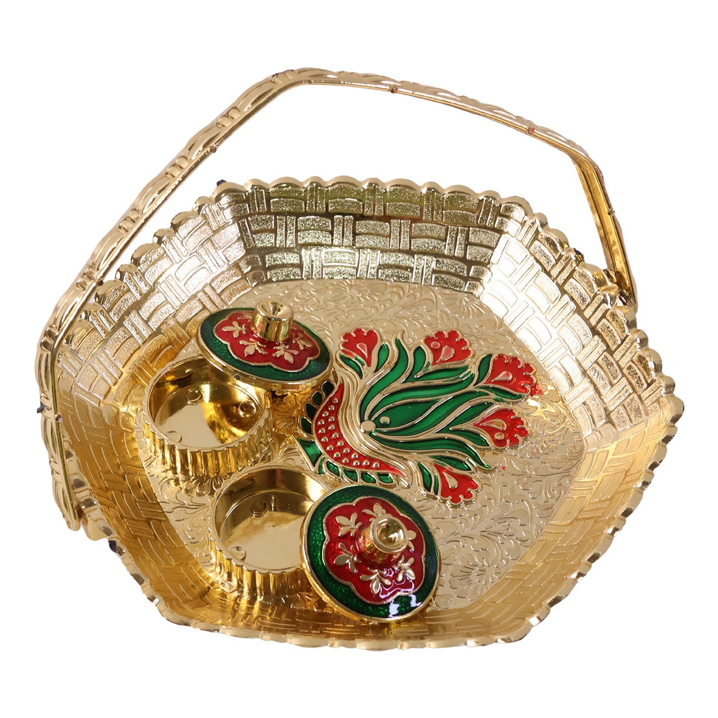Premium Golden Kumkum Kankavati Basket with Carry Handle and Two Lidded Containers for Haldi, Kumkum, Roli, Chawal, Pooja and Wedding Rituals (1 Pc)