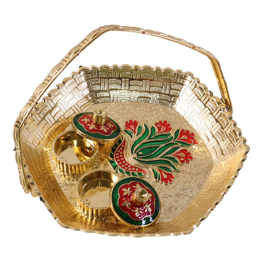 Premium Golden Kumkum Kankavati Basket with Carry Handle and Two Lidded Containers for Haldi, Kumkum, Roli, Chawal, Pooja and Wedding Rituals (1 Pc)
