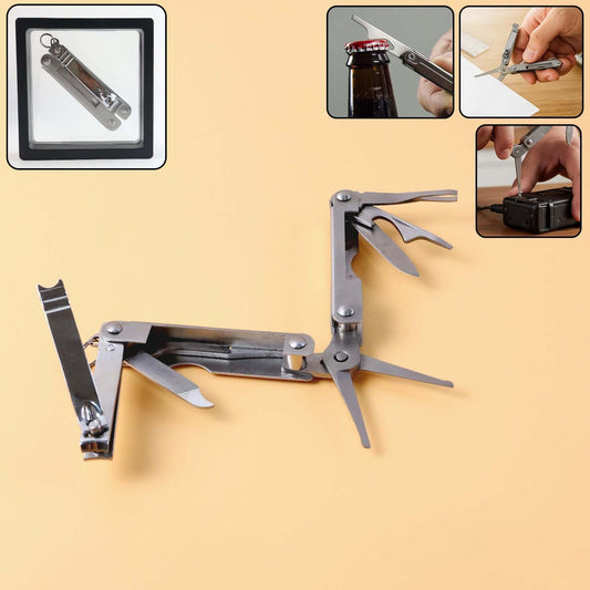 Stainless Steel 8-in-1 Multipurpose Pocket Tool Kit – Compact Folding Mini Multi-Tool with Nail Clipper, Knife, Scissors, Screwdriver, File and Bottle Opener for Travel, Camping and Everyday Use