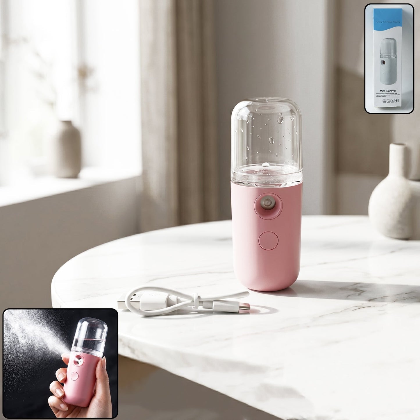 Premium Mini Nano Mist Sprayer USB Rechargeable Portable Face Steamer and Facial Humidifier for Skincare, Makeup Setting, Travel, Office and Daily Hydration (1 Pc)