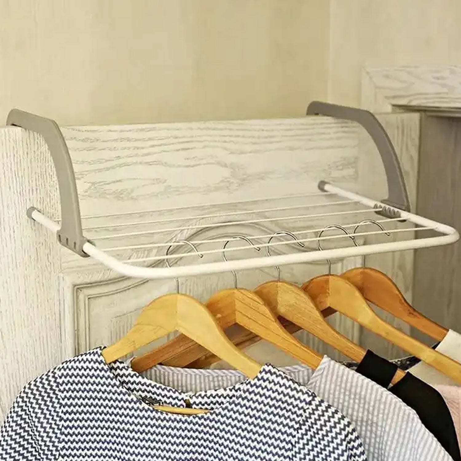 Metal Steel Folding Balcony Clothes Drying Rack Hanging Laundry Hanger with 5 Bars Foldable Towel Socks Clothes Drying Stand for Balcony Bathroom Door and Window (1 Pc)