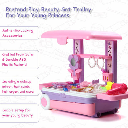 Big Beauty Set Trolley Suitcase on Wheels 3 in 1 Pretend Makeup Vanity Play Set with 25 Accessories for Girls 3+ Years BIS Approved (1 Set)