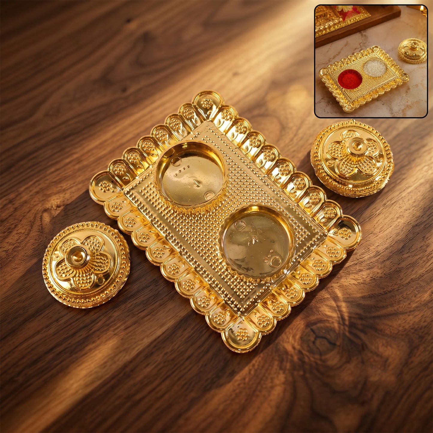 Golden Floral Kumkum Holder Square Metal Double Compartment Pooja Box for Kumkum Haldi Roli Chandan and Akshat (1 Pc)