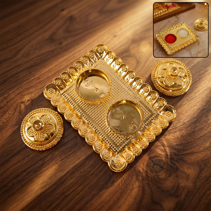 Golden Floral Kumkum Holder Square Metal Double Compartment Pooja Box for Kumkum Haldi Roli Chandan and Akshat (1 Pc)