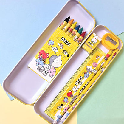 Kids Cartoon Stationery Kit with Metal Pencil Box – 12 Pieces School Supply Set with Pencils, Crayons, Scale, Sharpener and Eraser – Birthday Return Gift for Kids