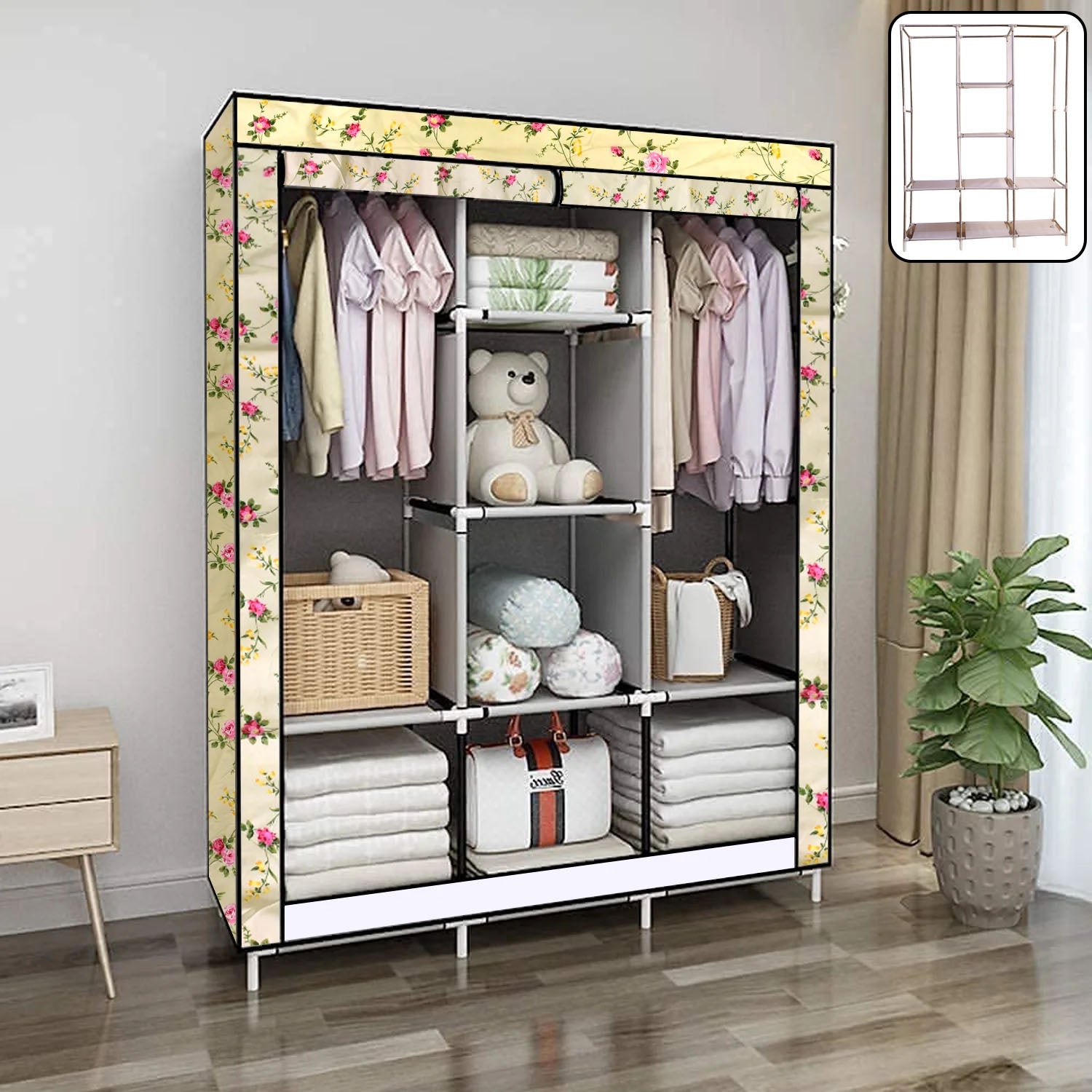 8 Compartment Portable Fabric Wardrobe Closet with Hanging Rods and Storage Shelves Heavy Duty Foldable Cloth Almirah Organizer for Bedroom Clothes Blankets Toys and Accessories (1 Set)