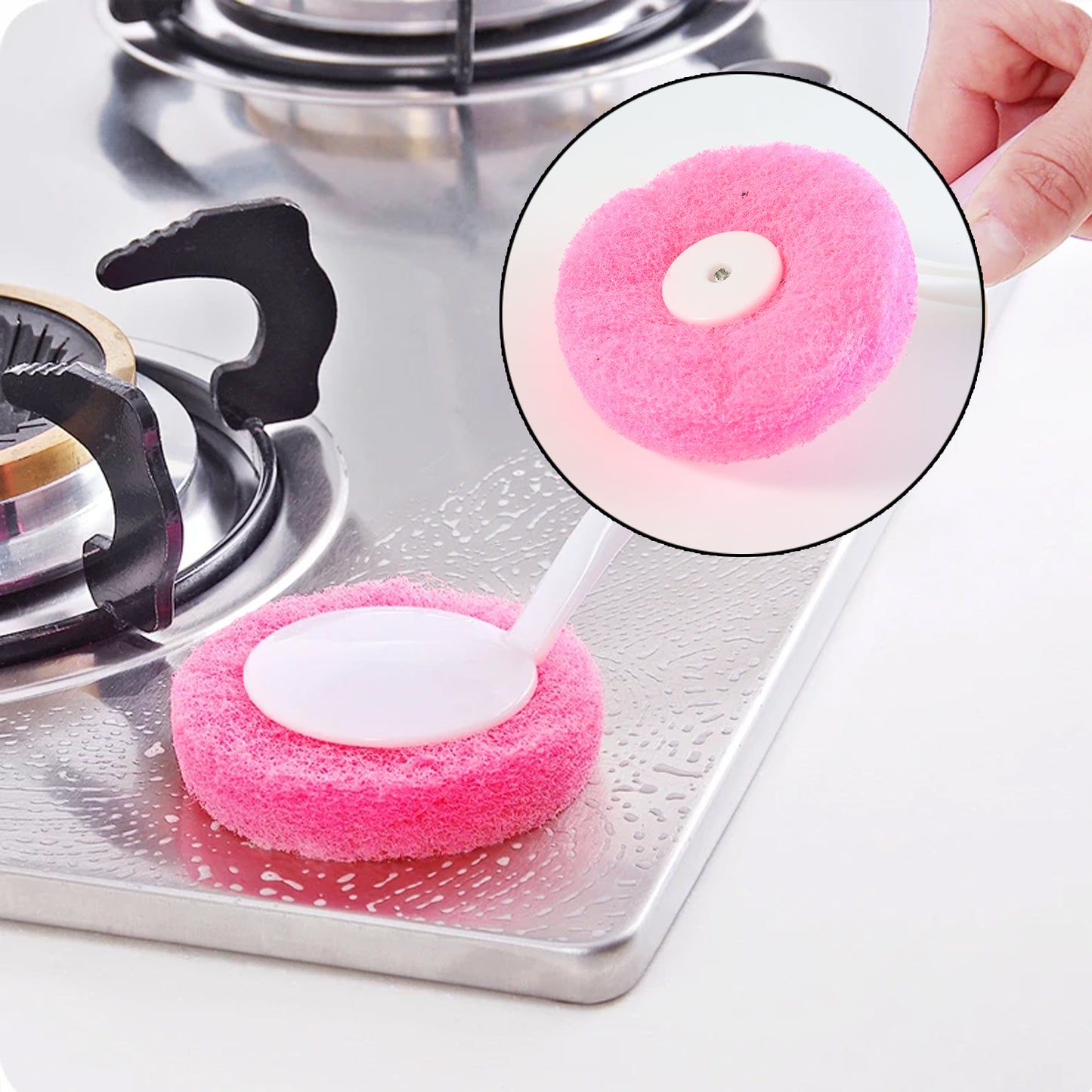 Long Handle Kitchen Dish Scrubber Brush with Soft Round Sponge Head – Ergonomic Non-Slip Grip, Strong Yet Gentle Cleaning for Plates, Pans, Bottles and Sink – Quick-Dry Hanging Hole, Durable Plastic Handle (1 Pc)