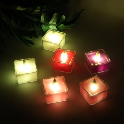 Square LED Flameless Decorative Tealight Candles 6 Pcs Set Battery Operated Multicolor Flickering Lights for Home Diwali Puja Wedding and Party Decoration