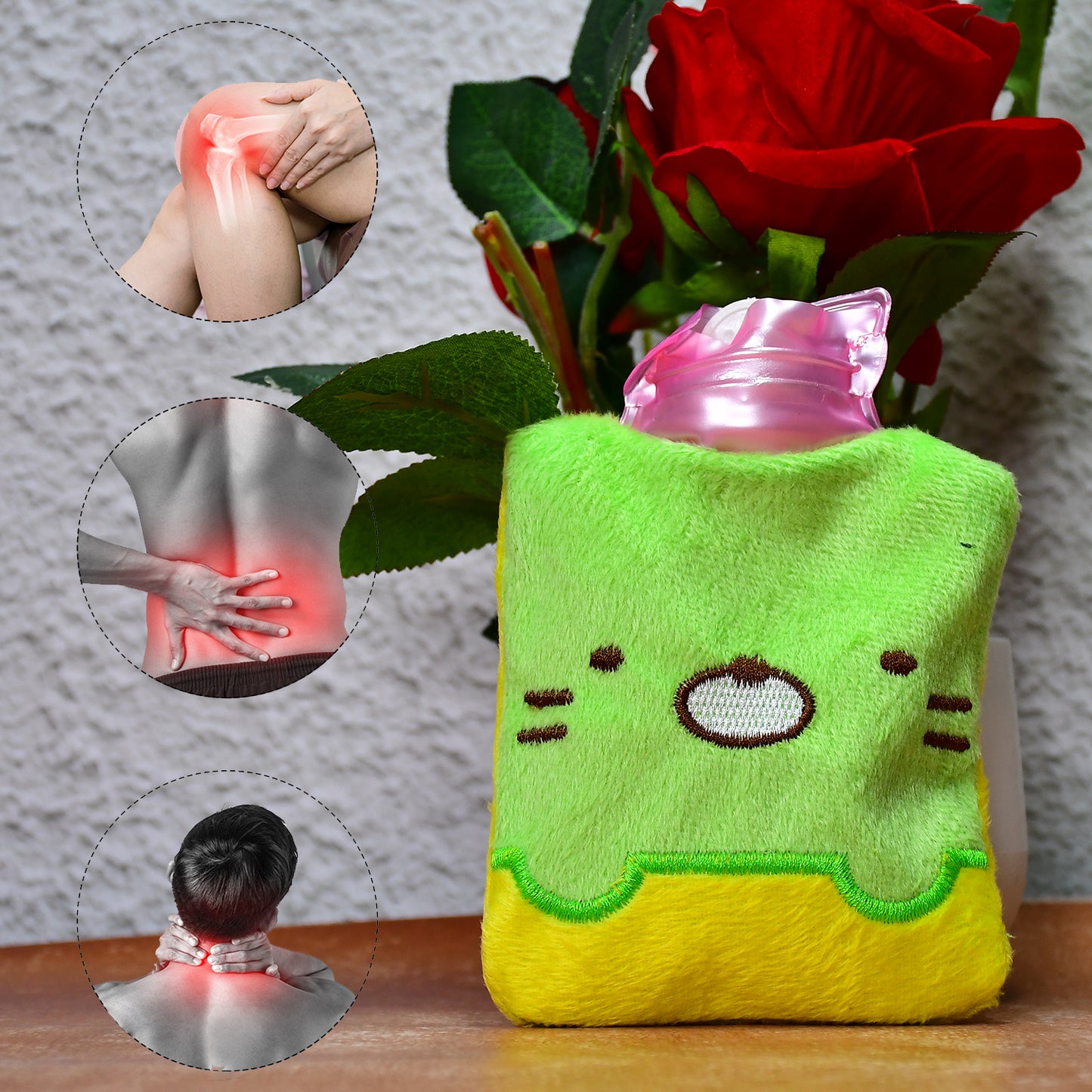 Green Kitty Small Hot Water Bag with Soft Cover – Portable Natural Rubber Heat Therapy Bottle for Pain Relief, Menstrual Cramps, Neck, Shoulder, Back and Hand Warmer