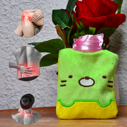 Green Kitty Small Hot Water Bag with Soft Cover – Portable Natural Rubber Heat Therapy Bottle for Pain Relief, Menstrual Cramps, Neck, Shoulder, Back and Hand Warmer