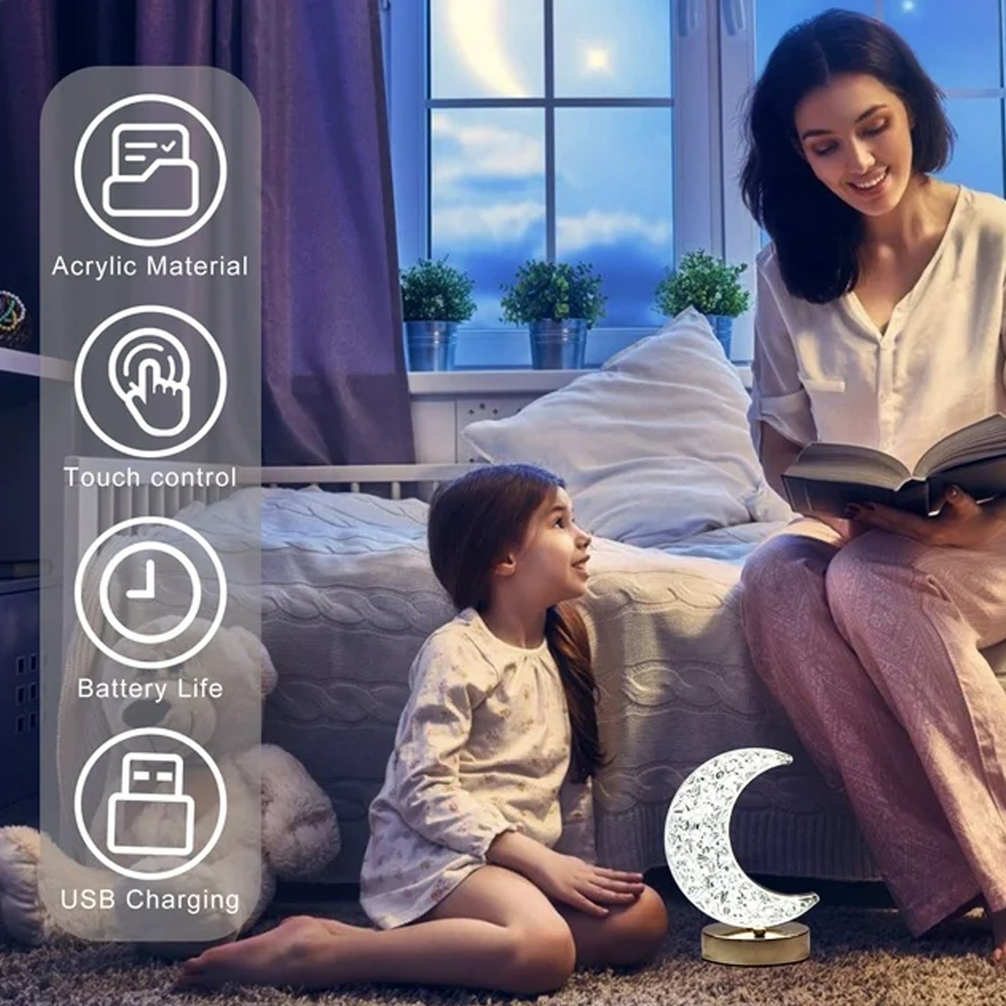 Crystal Moon Shape LED Table Lamp with Touch Control USB Rechargeable 3 Color Stepless Dimming Bedside Night Light for Bedroom Living Room and Home Decor (1 Piece)