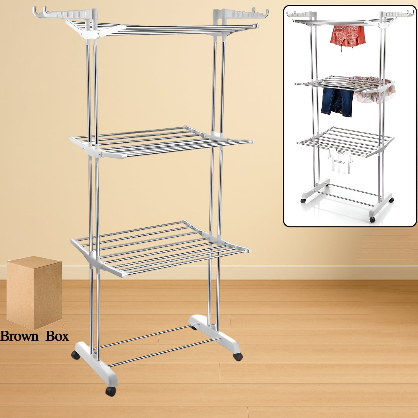 3 Tier Foldable Stainless Steel Cloth Drying Stand with Wheels Heavy Duty Portable Laundry Drying Rack for Indoor Outdoor Balcony and Home Use (1 Pc)