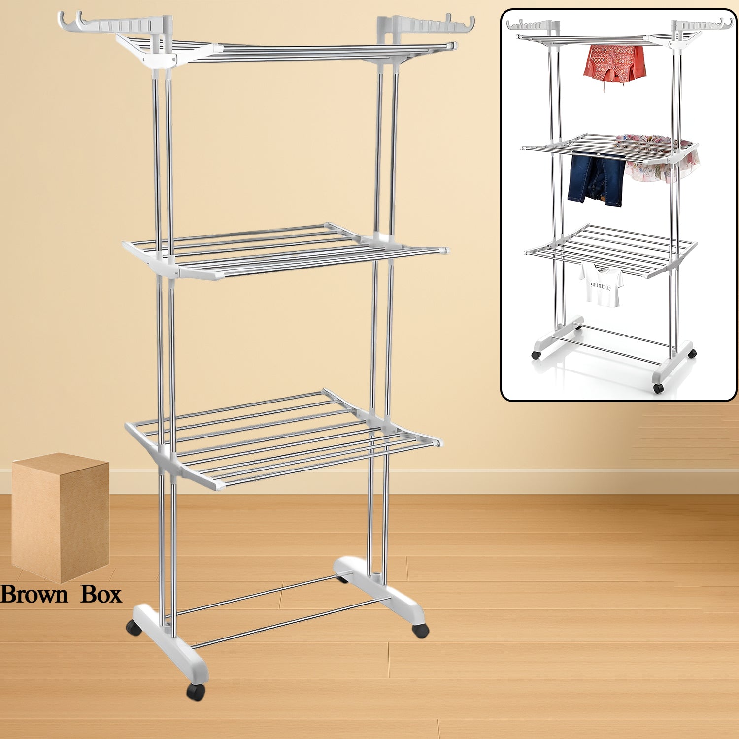 3 Tier Foldable Stainless Steel Cloth Drying Stand with Wheels Heavy Duty Portable Laundry Drying Rack for Indoor Outdoor Balcony and Home Use (1 Pc)
