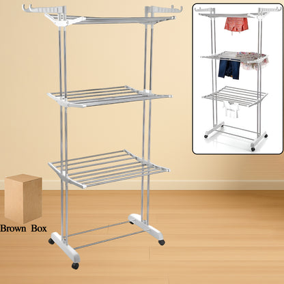 3 Tier Foldable Stainless Steel Cloth Drying Stand with Wheels Heavy Duty Portable Laundry Drying Rack for Indoor Outdoor Balcony and Home Use (1 Pc)