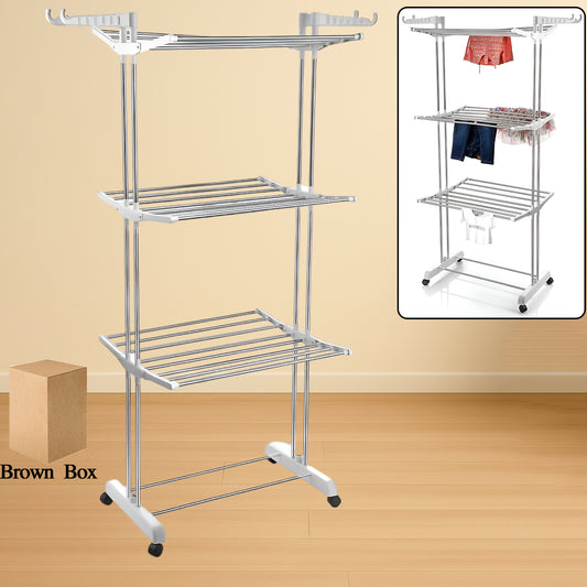 3 Tier Foldable Stainless Steel Cloth Drying Stand with Wheels Heavy Duty Portable Laundry Drying Rack for Indoor Outdoor Balcony and Home Use (1 Pc)