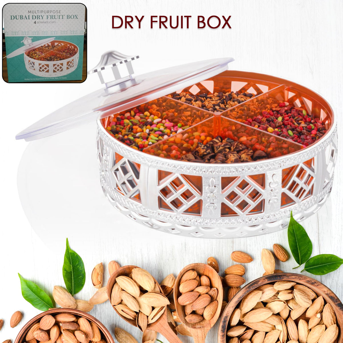 Multipurpose 4 Section Dry Fruit Box Round Silver Finish Decorative Gift Box for Dry Fruits Chocolates Sweets Snacks and Mukhwas (1 Pc)