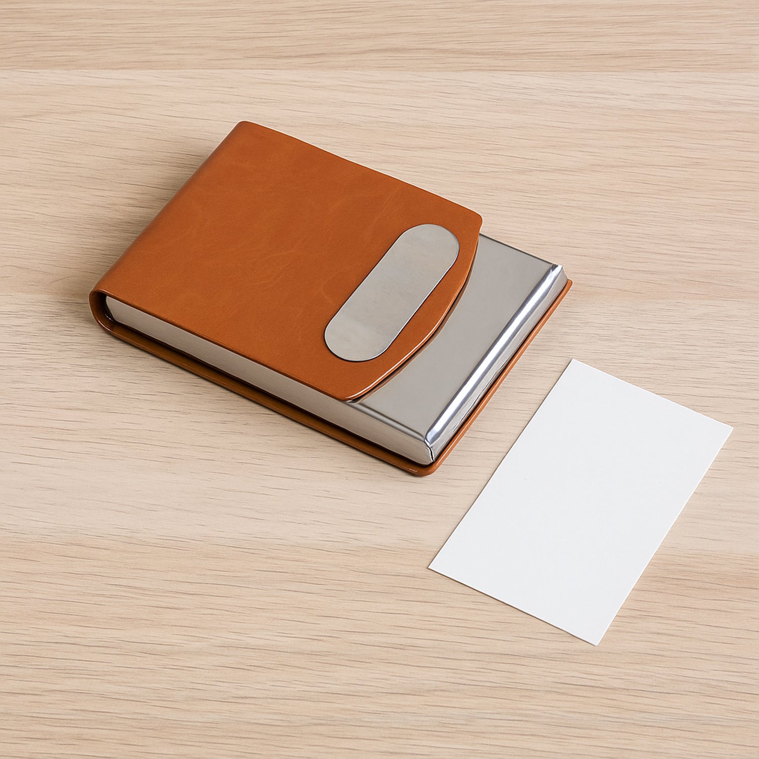 Premium Leather Finish Visiting Card Holder – Stainless Steel Slide-Out Business Card Case (1 Pc)