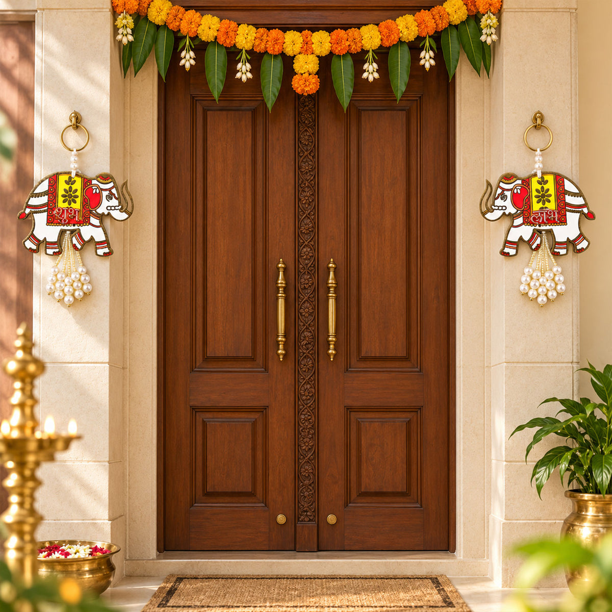 Wooden Elephant Shubh Labh Wall Hanging With Bead Tassels For Door And Festive Decor (2 Pc Set)