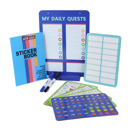Daily Routine Chart for Kids with Magnetic Board, Sticker Book and Activity Cards – Educational Habit Tracker Set with Dry Erase Markers – My Daily Quests Learning Kit