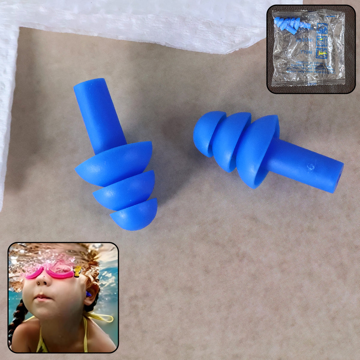 Reusable Silicone Swimming Ear Plugs with Triple-Flange Design, Water-Blocking Earplugs for Swimming, Showering, Bathing and Water Sports (1 Pair)