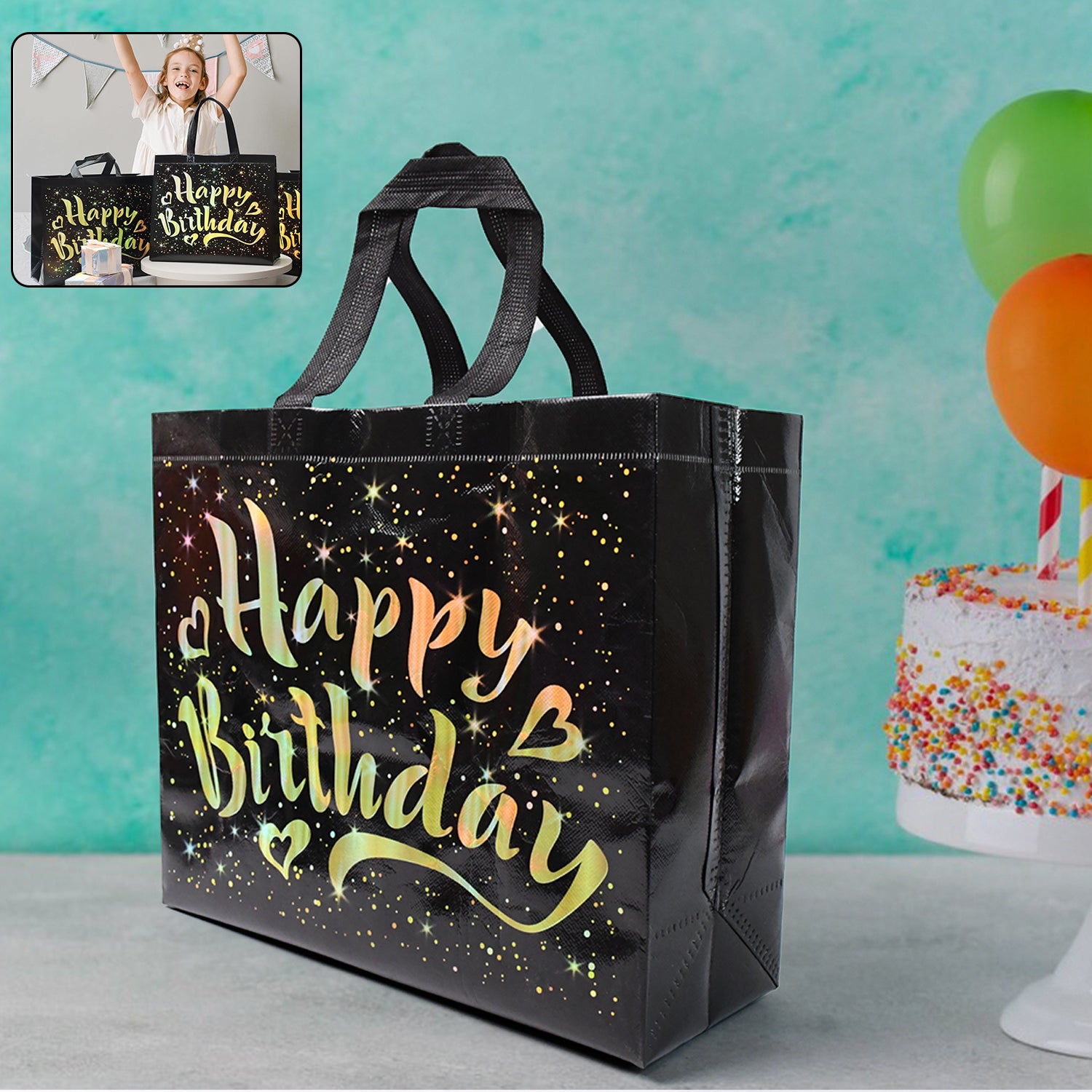 Birthday Gift Bag with Gold Shiny Stars – Reusable Non Woven Party Gift Bag for Kids and Adults with Sturdy Base – 1 Piece