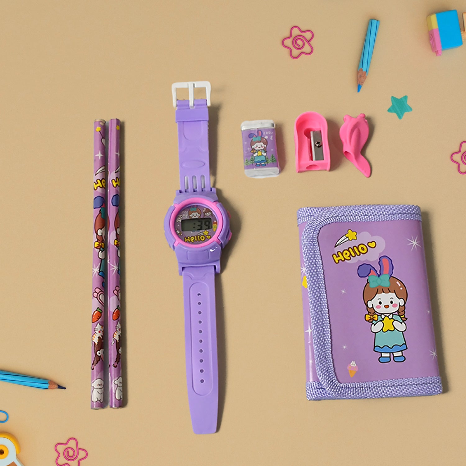 17526 Stationery Set For Girls And Boys Kids Return Gift - 7 In 1 School Items For Kids-pencils Eraser Sharpener Pouch Pencil Extender Birthday Gift Idea Stationary Kit Set For School Kids (Pack Of 7 Pcs Set)