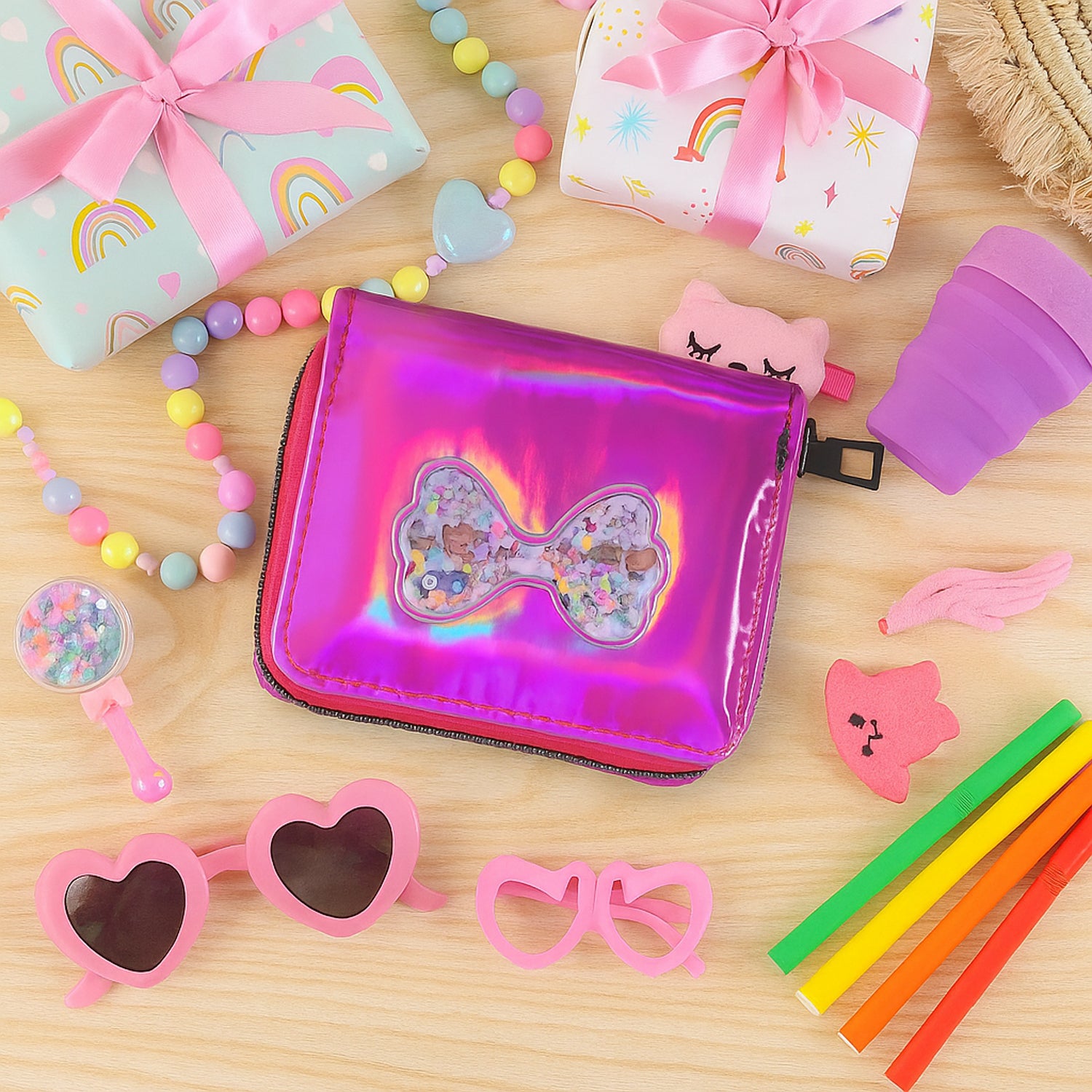 Vibrant Kids Wallet with Cute Bow-Shaped Floating Glitter Design – Trendy Zip Closure Wallet for Girls, School & Birthday Gift Accessory (1 Pc)