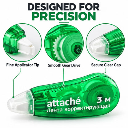 Dry Correction Tape Roller, Portable White-Out Tape Dispenser with Precision Applicator, Smooth Gear Mechanism and Protective Cap for Paper Corrections