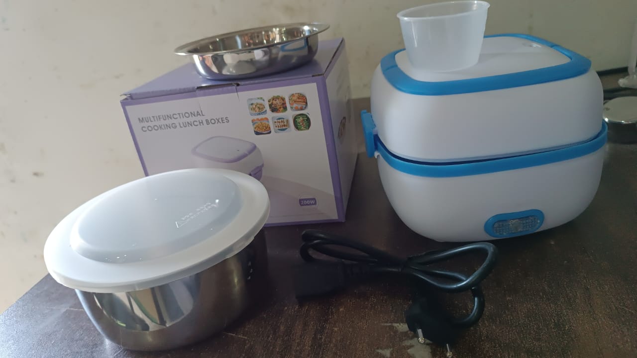 Electric Lunch Box 3 in 1 Food Heater Cooker and Steamer with Stainless Steel Bowls, Egg Steaming Tray, Spoon and Measuring Cup for Office, School and Travel (1 Set)