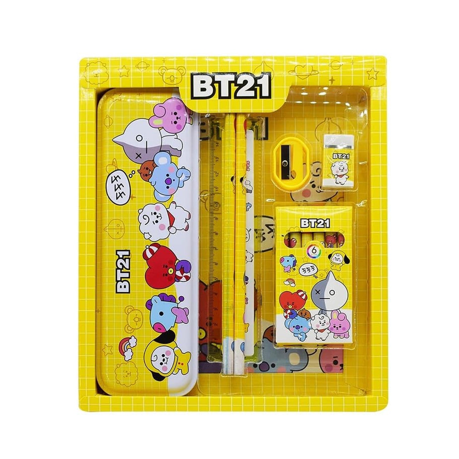 Kids Cartoon Stationery Kit with Metal Pencil Box – 12 Pieces School Supply Set with Pencils, Crayons, Scale, Sharpener and Eraser – Birthday Return Gift for Kids