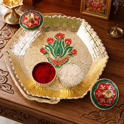 Premium Golden Kumkum Kankavati Basket with Carry Handle and Two Lidded Containers for Haldi, Kumkum, Roli, Chawal, Pooja and Wedding Rituals (1 Pc)