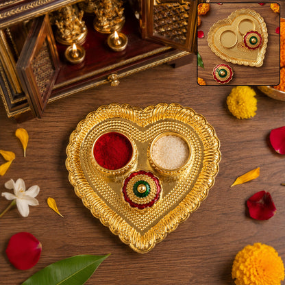 Heart Shape Kumkum Holder with Meenakari Lid Golden Metal Double Compartment Pooja Box for Kumkum Haldi Roli Chandan and Akshat (1 Pc)