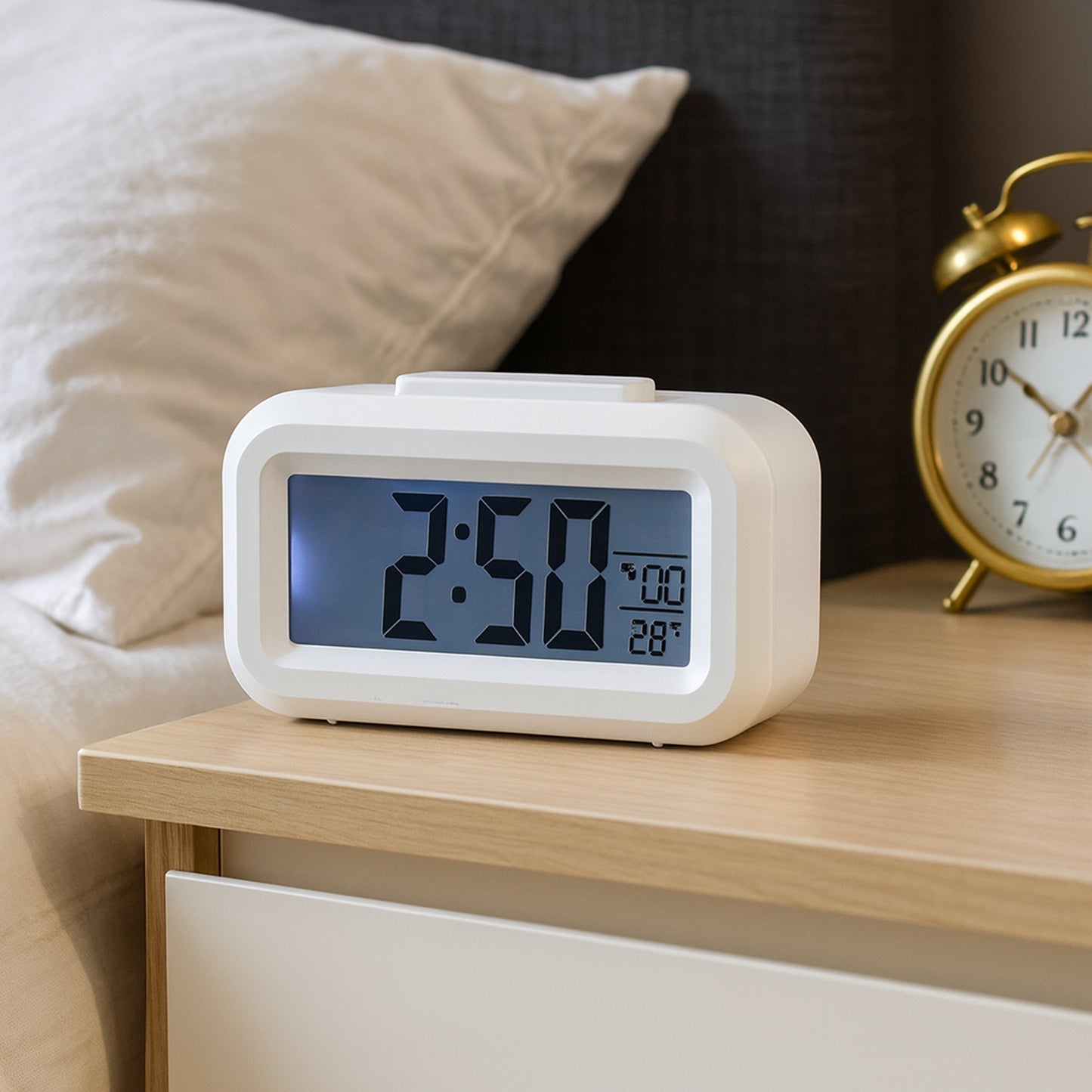 Modern Digital LED Alarm Clock with Temperature Display and Night Light Battery Operated Smart Table Clock for Bedroom, Office, Study Table and Travel