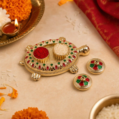 Tortoise Shaped Kankavati Kumkum Holder, Decorative Golden Roli Chawal Box for Puja, Tilak, Home Temple and Festive Rituals (1 Pc)